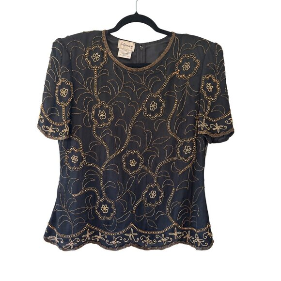 Vintage Sténay Black & Gold Silk Beaded Blouse XL - Picture 12 of 15